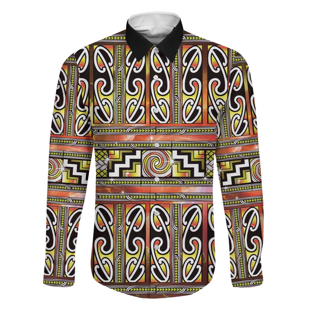 Maori Matariki Family Matching Off Shoulder Short Dress and Hawaiian Shirt Yellow Galaxy Aesthetic Koru Art LT01 Dad's Shirt - Long Sleeve Yellow - Polynesian Pride
