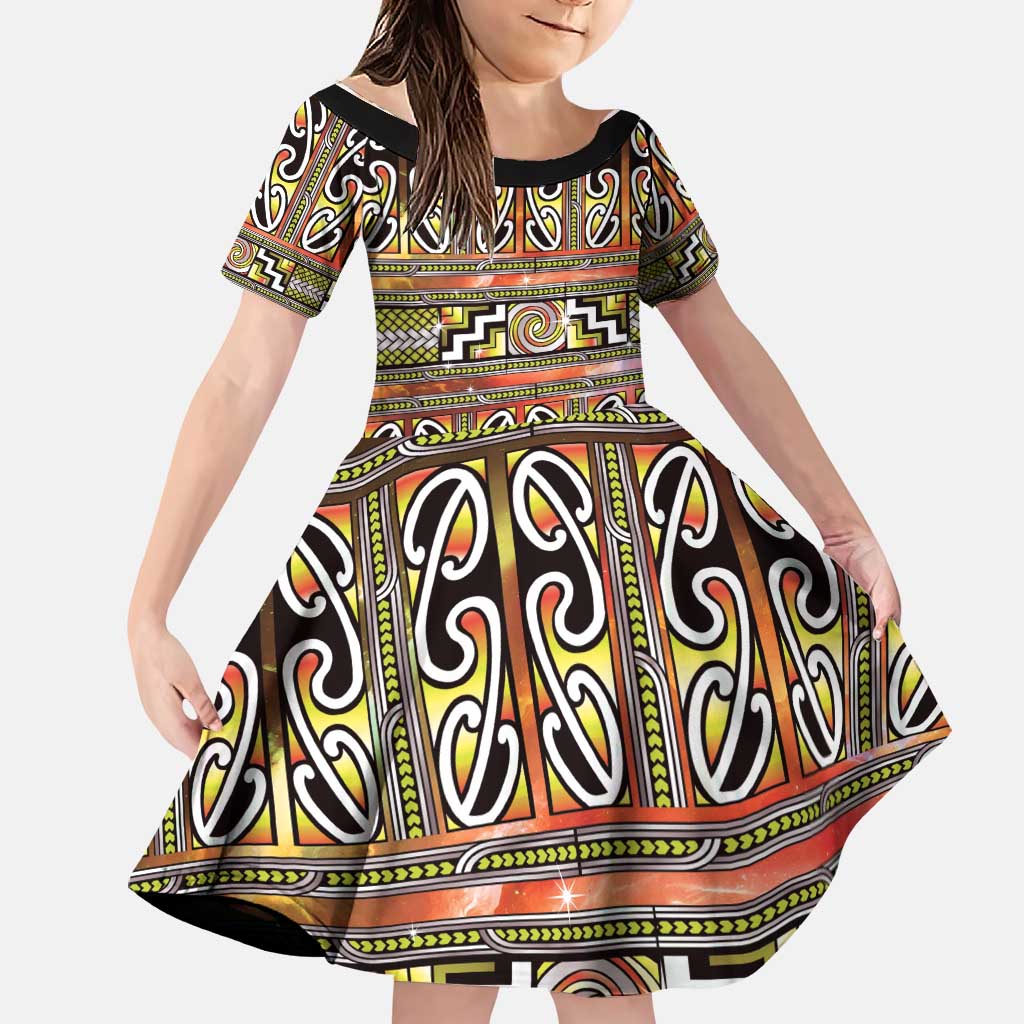 Maori Matariki Family Matching Short Sleeve Bodycon Dress and Hawaiian Shirt Yellow Galaxy Aesthetic Koru Art LT01 Daughter's Dress Yellow - Polynesian Pride