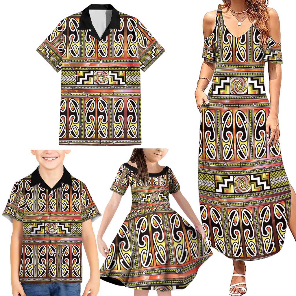 Maori Matariki Family Matching Summer Maxi Dress and Hawaiian Shirt Yellow Galaxy Aesthetic Koru Art LT01 - Polynesian Pride