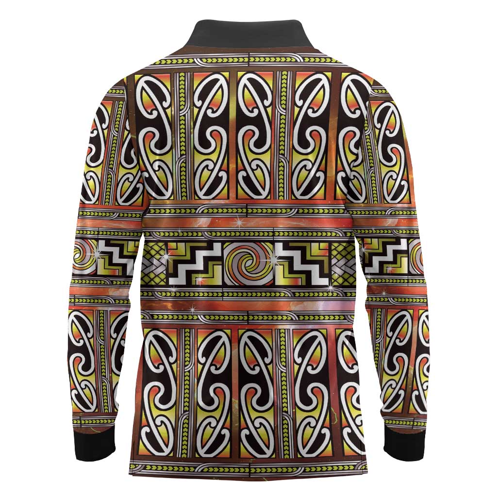 Maori Matariki Long Sleeve Polo Shirt Yellow Galaxy Aesthetic Koru Art