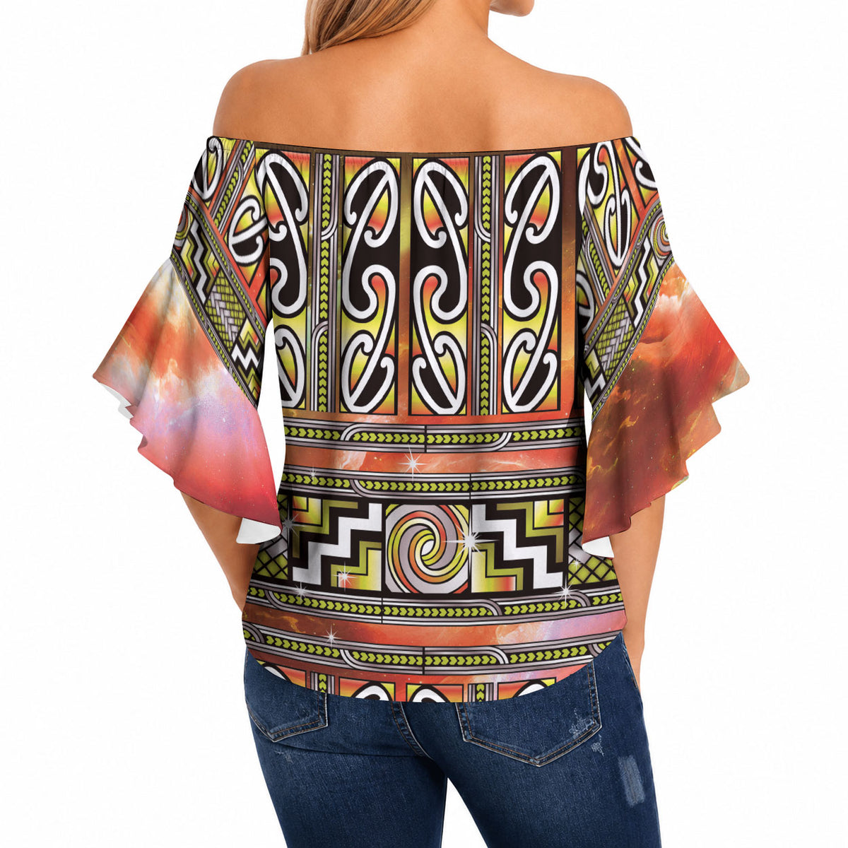 Maori Matariki Off Shoulder Wrap Waist Top Yellow Galaxy Aesthetic Koru Art LT01 - Polynesian Pride