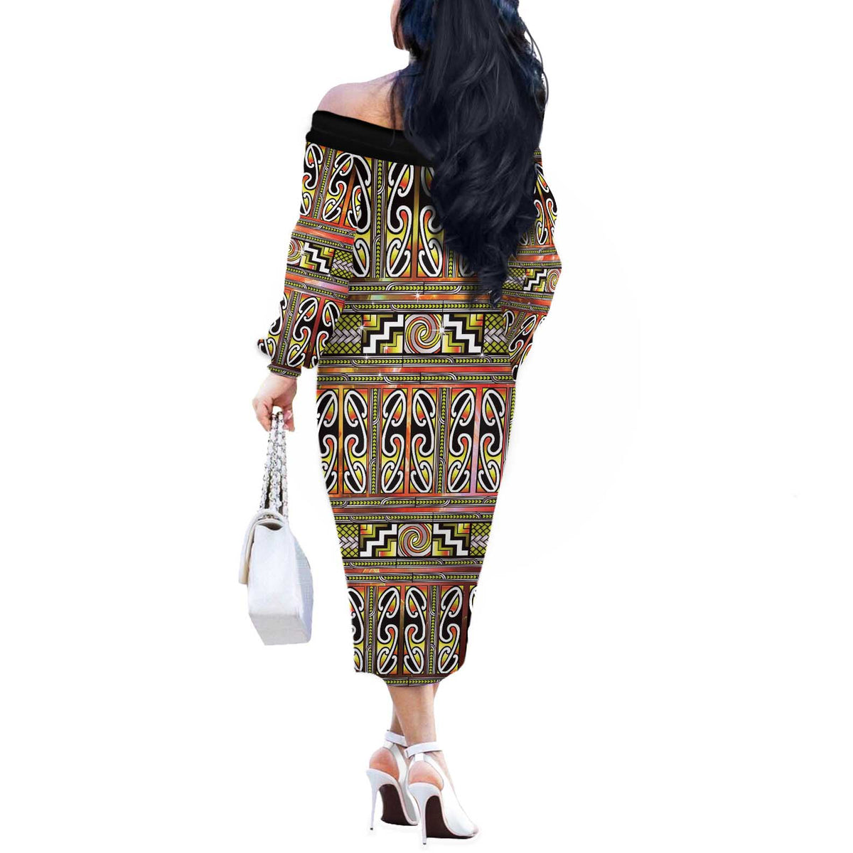 Maori Matariki Off The Shoulder Long Sleeve Dress Yellow Galaxy Aesthetic Koru Art