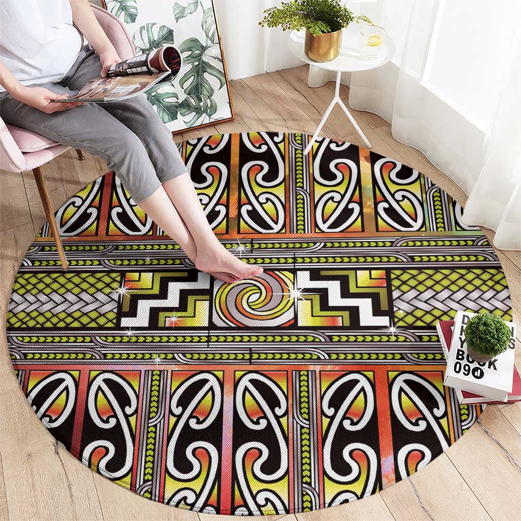 Maori Matariki Round Carpet Yellow Galaxy Aesthetic Koru Art