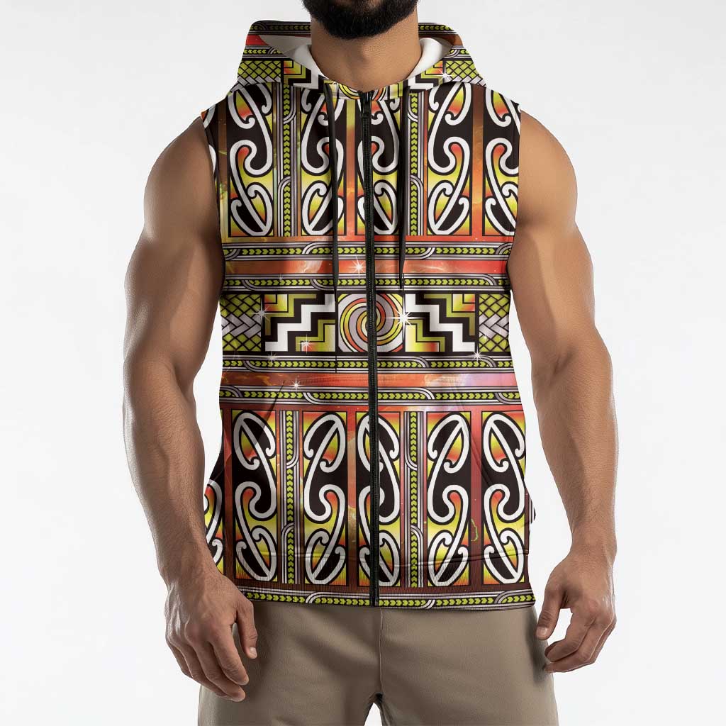 Maori Matariki Sleeveless Zip Hoodie Yellow Galaxy Aesthetic Koru Art