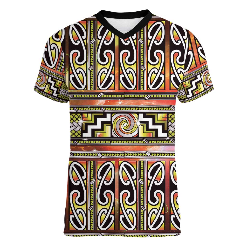 Maori Matariki Women V-Neck T-Shirt Yellow Galaxy Aesthetic Koru Art