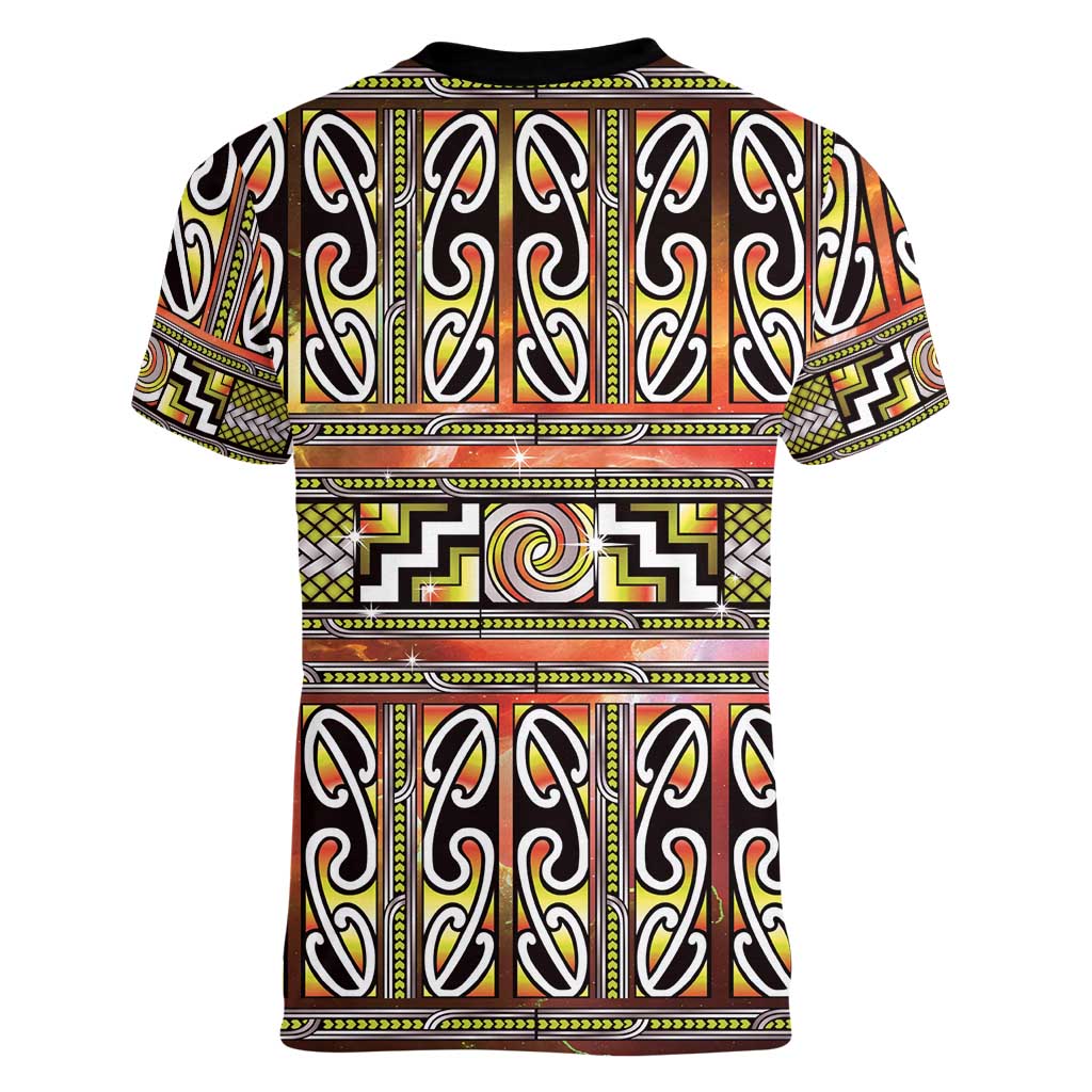 Maori Matariki Women V-Neck T-Shirt Yellow Galaxy Aesthetic Koru Art
