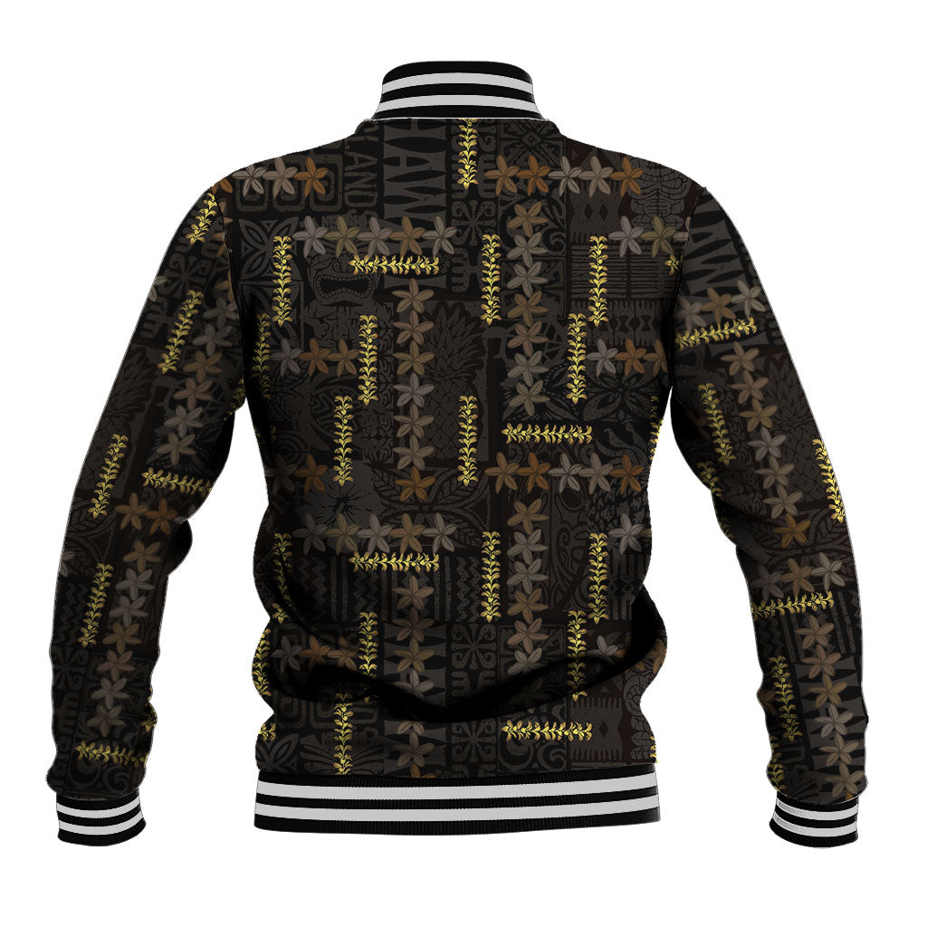 Hawaii Brown Plumeria Lei Black Baseball Jacket Frangipani Floral Heritage Art