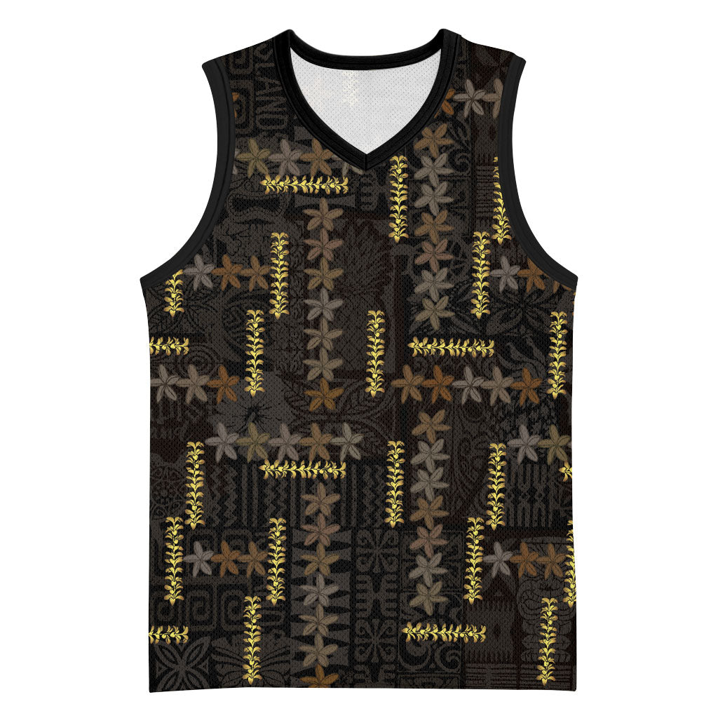 Hawaii Brown Plumeria Lei Black Basketball Jersey Frangipani Floral Heritage Art
