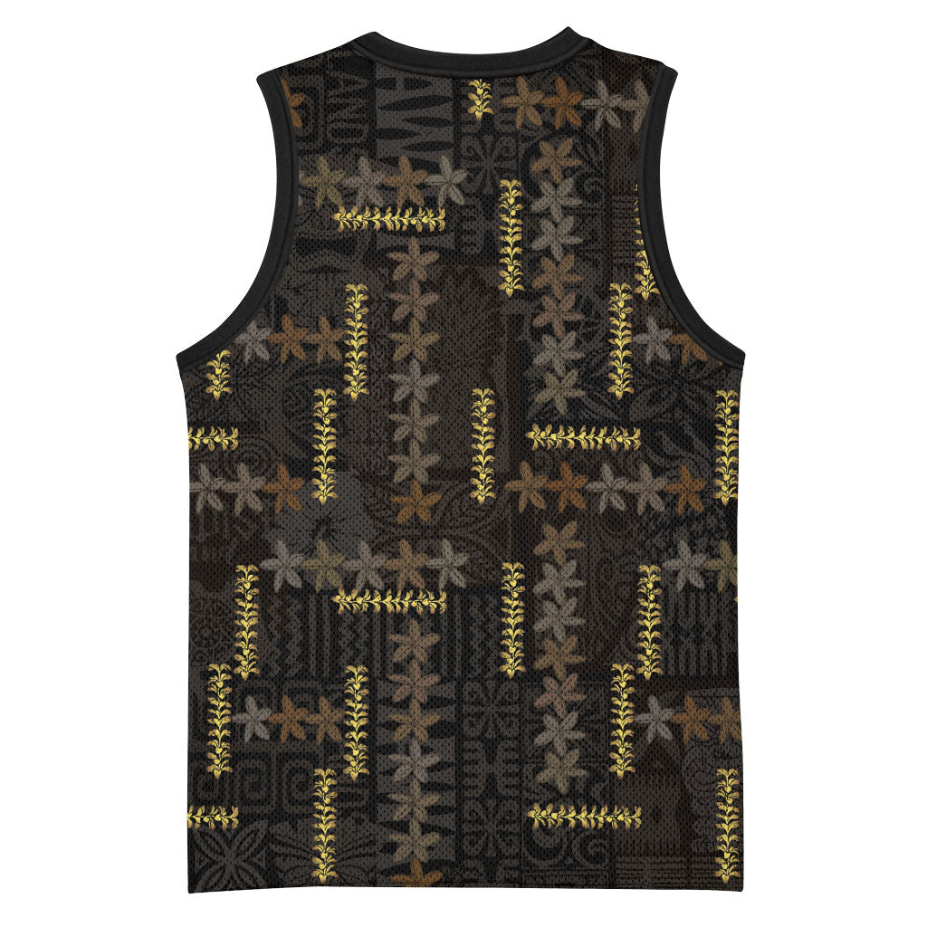 Hawaii Brown Plumeria Lei Black Basketball Jersey Frangipani Floral Heritage Art LT01 - Polynesian Pride