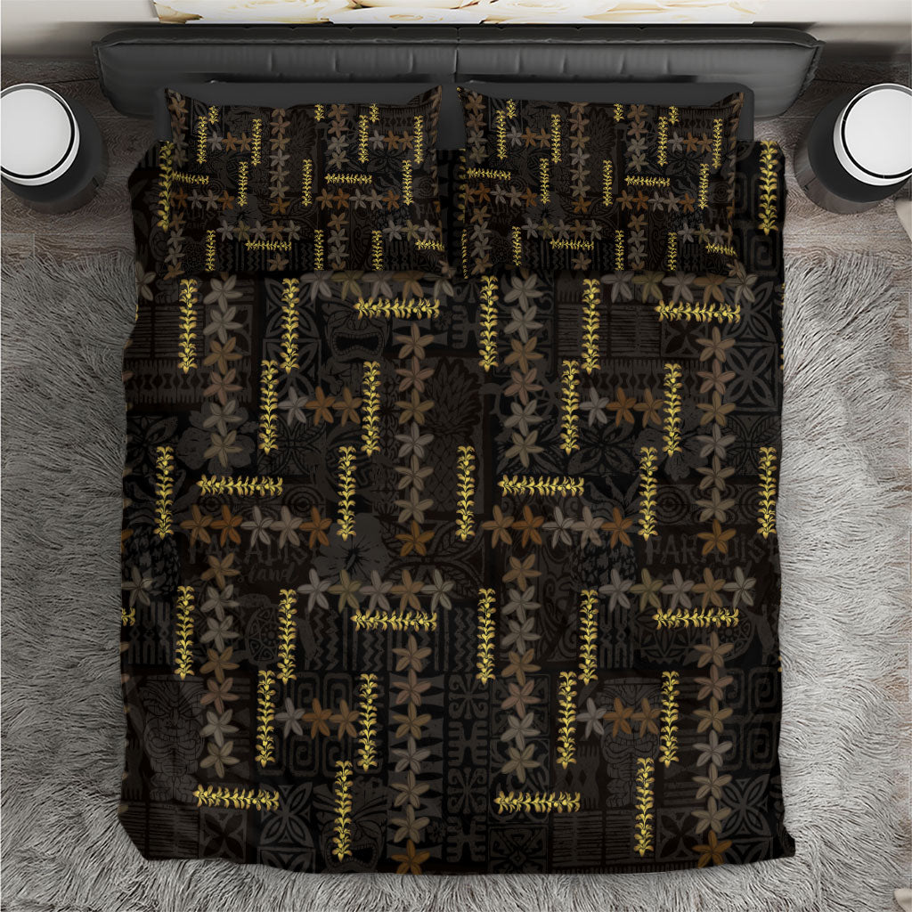 Hawaii Brown Plumeria Lei Black Bedding Set Frangipani Floral Heritage Art LT01 Black - Polynesian Pride