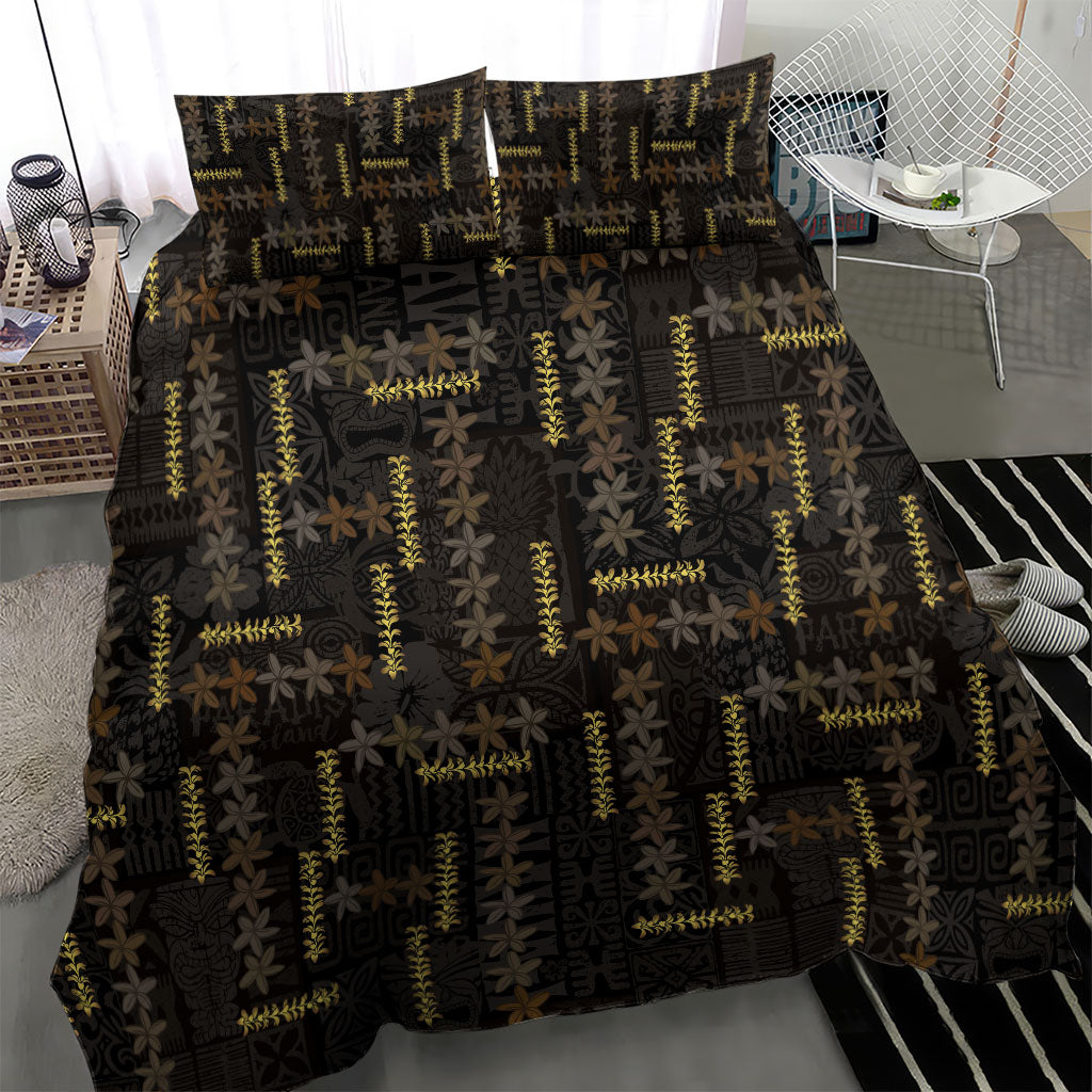 Hawaii Brown Plumeria Lei Black Bedding Set Frangipani Floral Heritage Art LT01 - Polynesian Pride
