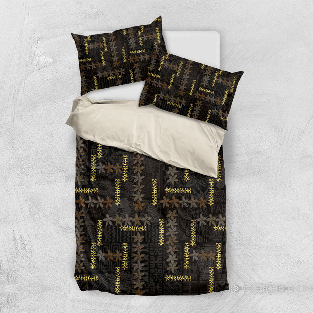 Hawaii Brown Plumeria Lei Black Bedding Set Frangipani Floral Heritage Art LT01 US Twin 172cm x 218cm Black - Polynesian Pride