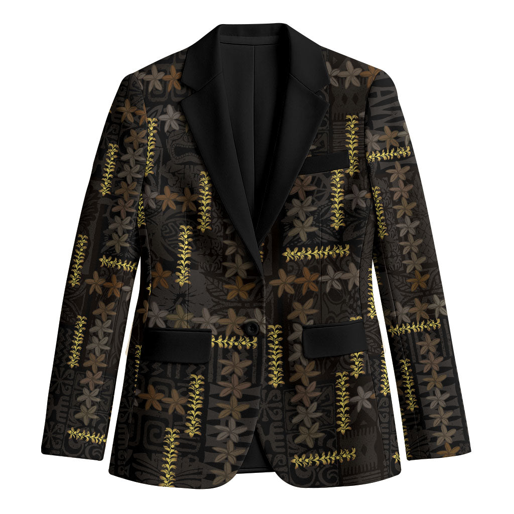 Hawaii Brown Plumeria Lei Black Blazer Frangipani Floral Heritage Art LT01 Unisex Black - Polynesian Pride
