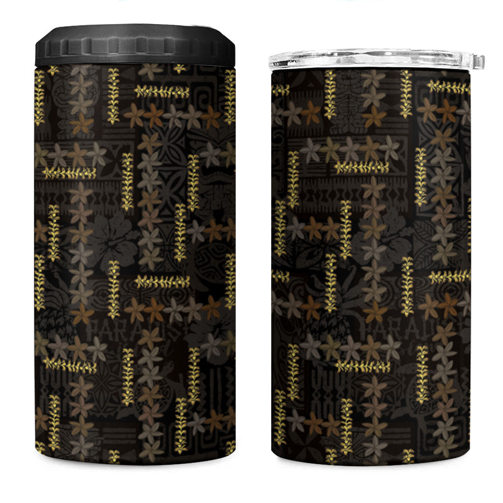 Hawaii Brown Plumeria Lei Black 4 in 1 Can Cooler Tumbler Frangipani Floral Heritage Art LT01 One Size: 16 oz Black - Polynesian Pride