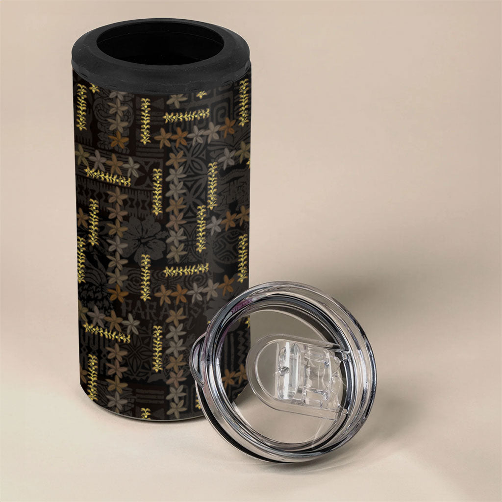 Hawaii Brown Plumeria Lei Black 4 in 1 Can Cooler Tumbler Frangipani Floral Heritage Art LT01 - Polynesian Pride