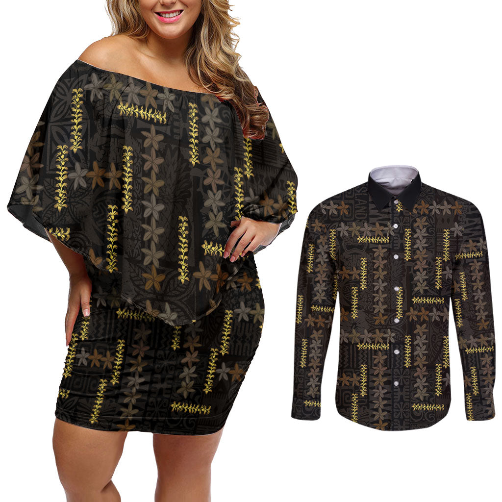 Hawaii Brown Plumeria Lei Black Couples Matching Off Shoulder Short Dress and Long Sleeve Button Shirt Frangipani Floral Heritage Art LT01 Black - Polynesian Pride