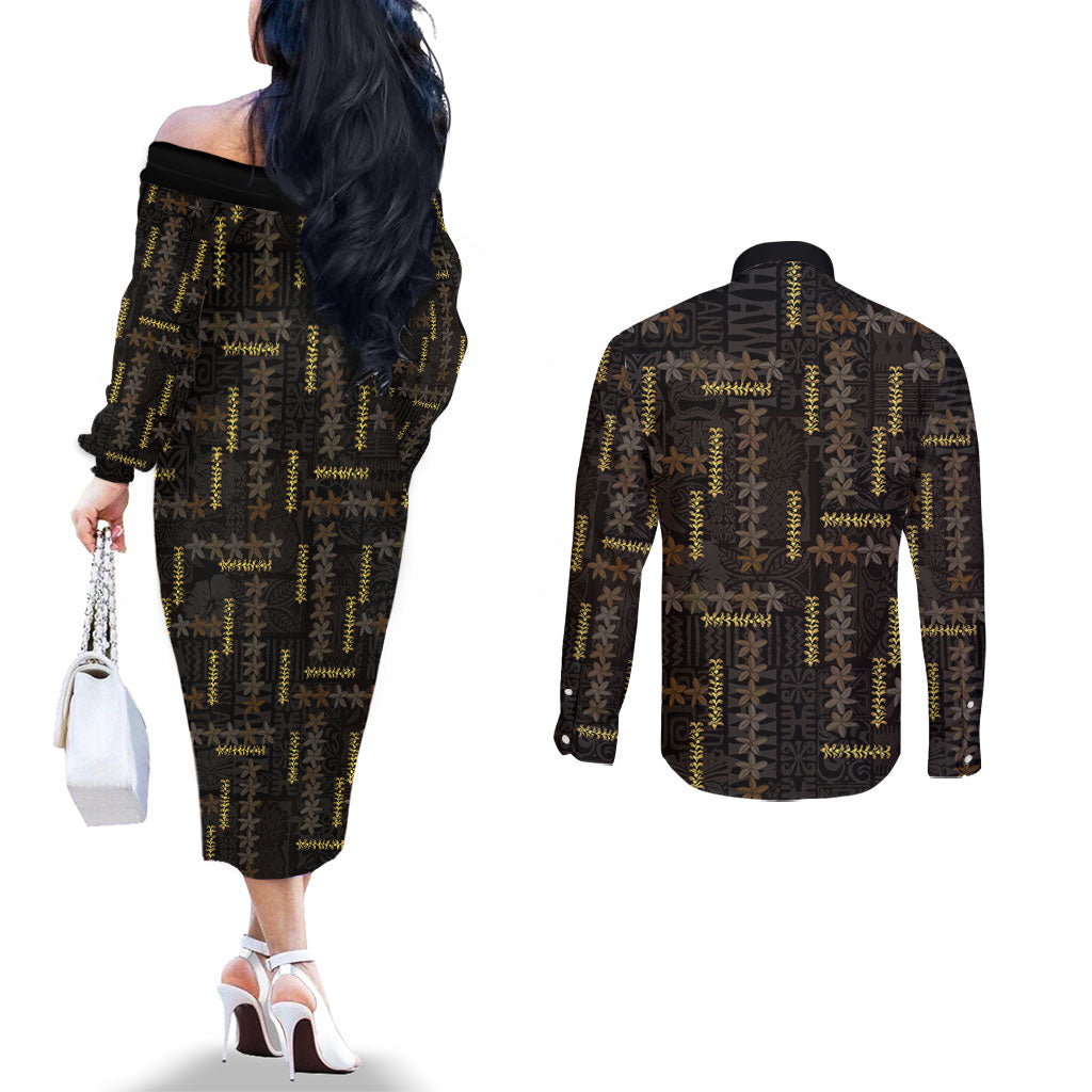 Hawaii Brown Plumeria Lei Black Couples Matching Off The Shoulder Long Sleeve Dress and Long Sleeve Button Shirt Frangipani Floral Heritage Art LT01 - Polynesian Pride