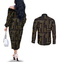 Hawaii Brown Plumeria Lei Black Couples Matching Off The Shoulder Long Sleeve Dress and Long Sleeve Button Shirt Frangipani Floral Heritage Art LT01 - Polynesian Pride