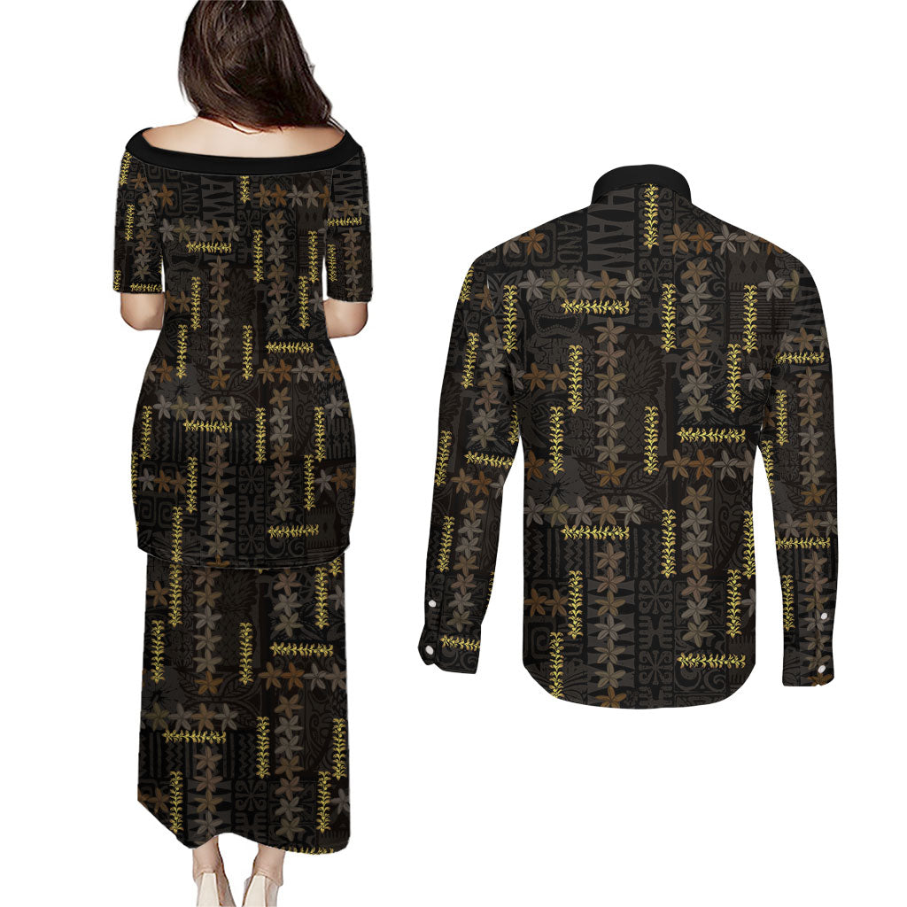 Hawaii Brown Plumeria Lei Black Couples Matching Puletasi and Long Sleeve Button Shirt Frangipani Floral Heritage Art LT01 - Polynesian Pride