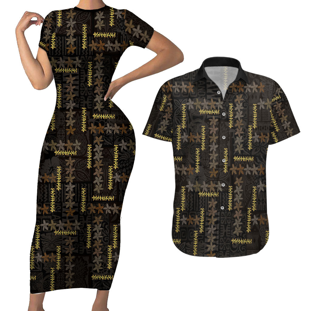 Hawaii Brown Plumeria Lei Black Couples Matching Short Sleeve Bodycon Dress and Hawaiian Shirt Frangipani Floral Heritage Art