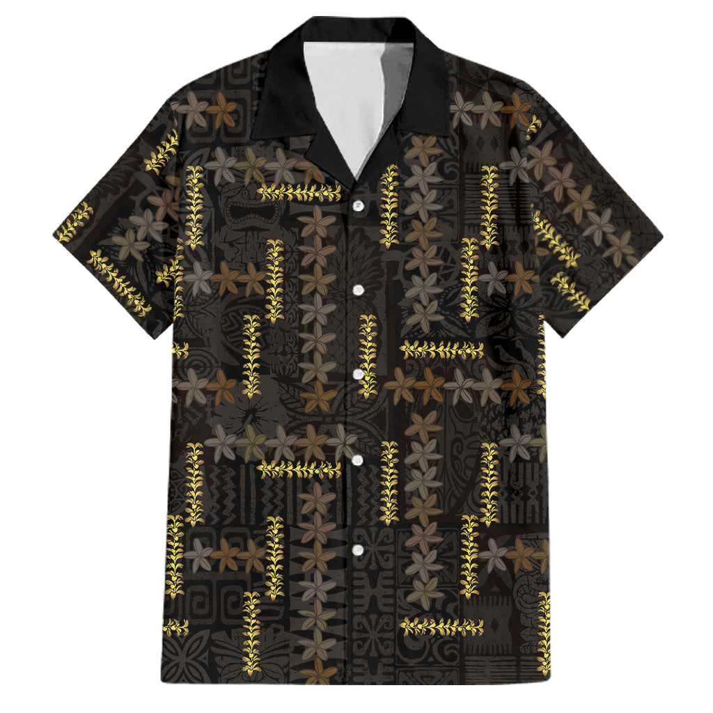 Hawaii Brown Plumeria Lei Black Family Matching Long Sleeve Bodycon Dress and Hawaiian Shirt Frangipani Floral Heritage Art LT01 Dad's Shirt - Short Sleeve Black - Polynesian Pride