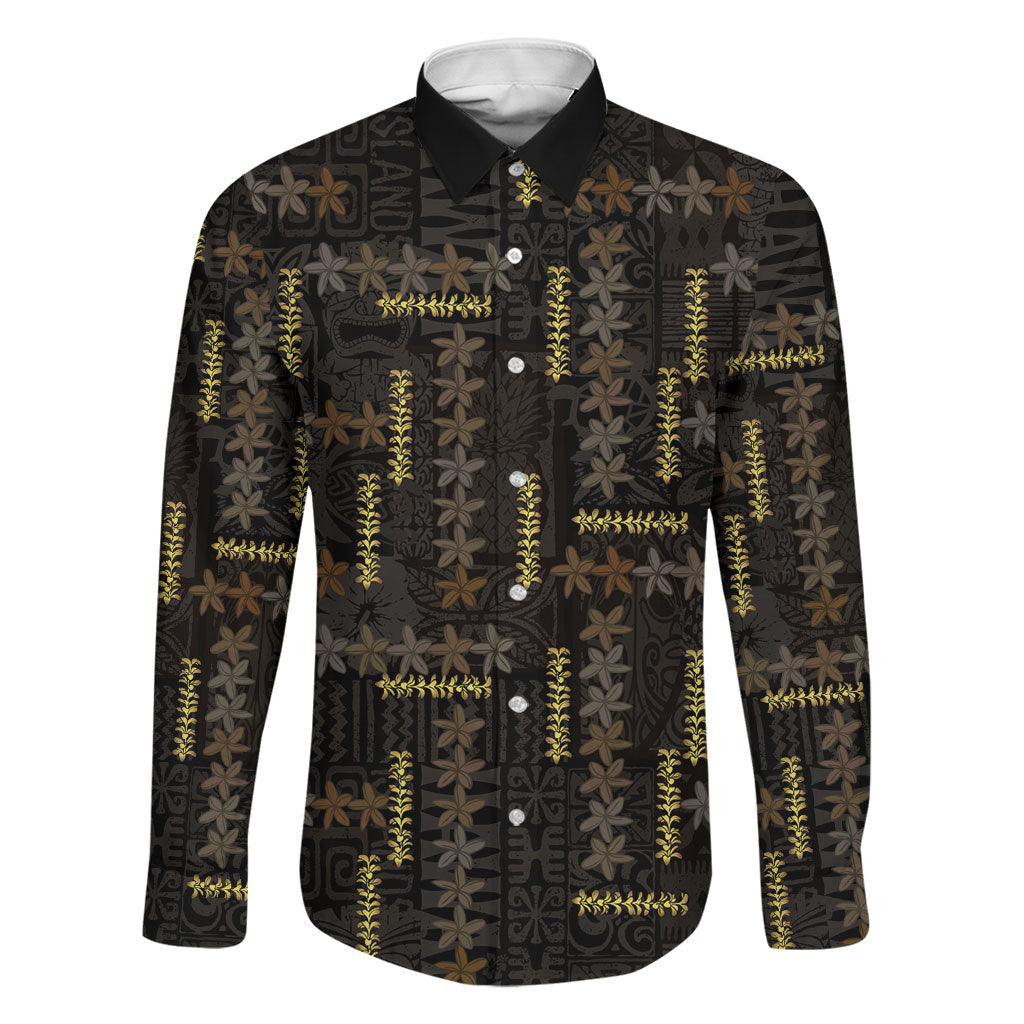 Hawaii Brown Plumeria Lei Black Family Matching Mermaid Dress and Hawaiian Shirt Frangipani Floral Heritage Art LT01 Dad's Shirt - Long Sleeve Black - Polynesian Pride