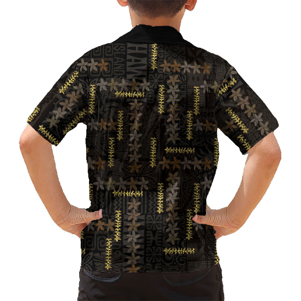 Hawaii Brown Plumeria Lei Black Family Matching Off The Shoulder Long Sleeve Dress and Hawaiian Shirt Frangipani Floral Heritage Art LT01 - Polynesian Pride