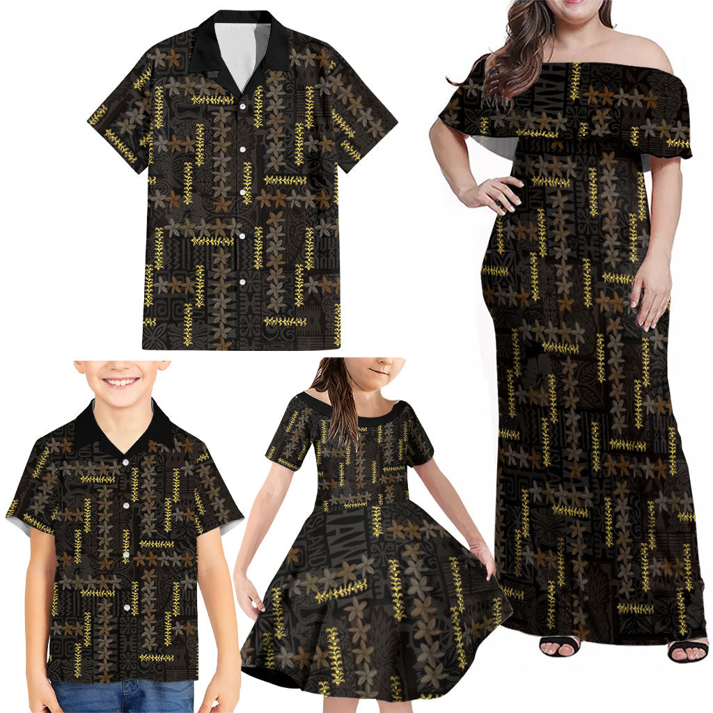Hawaii Brown Plumeria Lei Black Family Matching Off Shoulder Maxi Dress and Hawaiian Shirt Frangipani Floral Heritage Art LT01 - Polynesian Pride