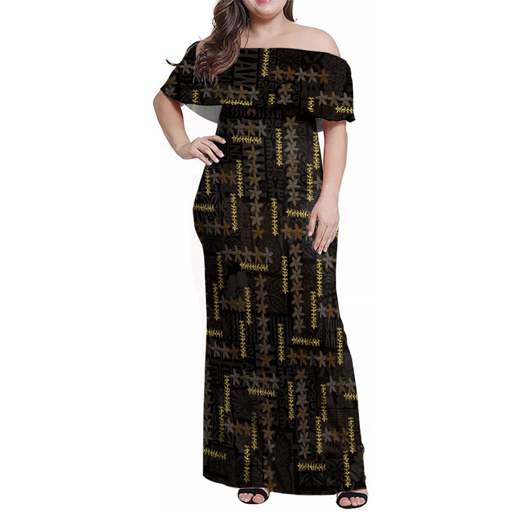 Hawaii Brown Plumeria Lei Black Family Matching Off Shoulder Maxi Dress and Hawaiian Shirt Frangipani Floral Heritage Art LT01 Mom's Dress Black - Polynesian Pride