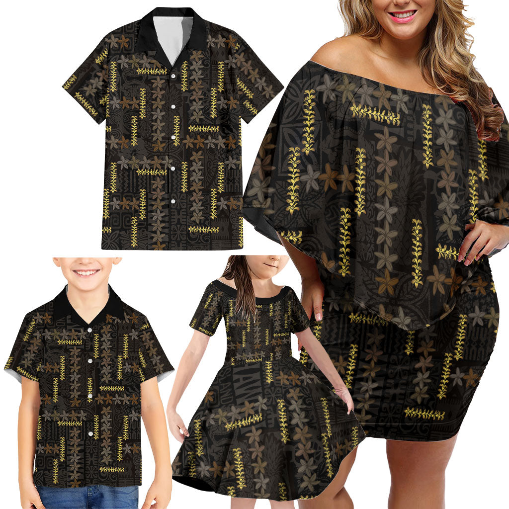 Hawaii Brown Plumeria Lei Black Family Matching Off Shoulder Short Dress and Hawaiian Shirt Frangipani Floral Heritage Art LT01 - Polynesian Pride