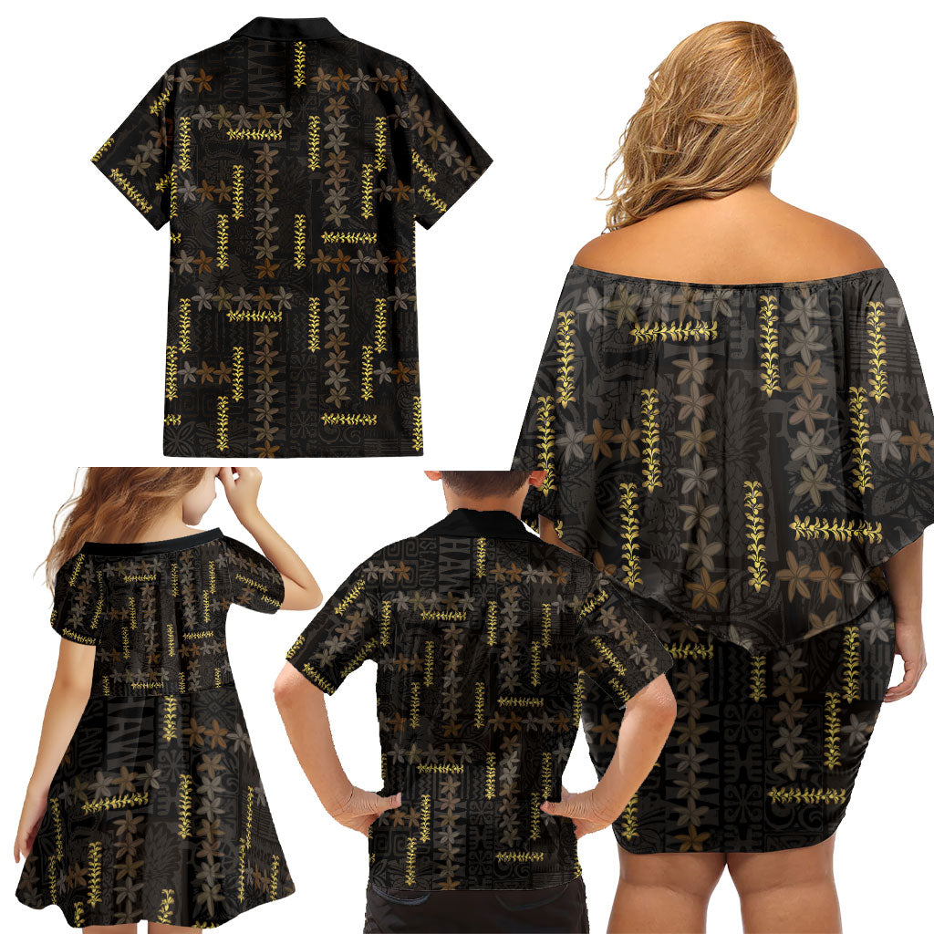 Hawaii Brown Plumeria Lei Black Family Matching Off Shoulder Short Dress and Hawaiian Shirt Frangipani Floral Heritage Art LT01 - Polynesian Pride
