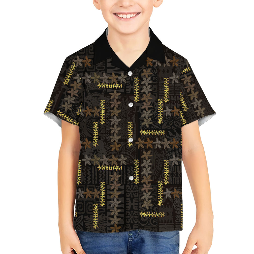 Hawaii Brown Plumeria Lei Black Family Matching Off Shoulder Short Dress and Hawaiian Shirt Frangipani Floral Heritage Art LT01 Son's Shirt Black - Polynesian Pride