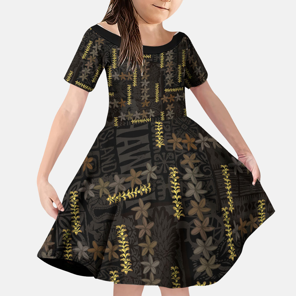 Hawaii Brown Plumeria Lei Black Family Matching Puletasi and Hawaiian Shirt Frangipani Floral Heritage Art LT01 Daughter's Dress Black - Polynesian Pride
