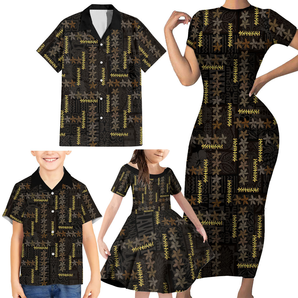 Hawaii Brown Plumeria Lei Black Family Matching Short Sleeve Bodycon Dress and Hawaiian Shirt Frangipani Floral Heritage Art