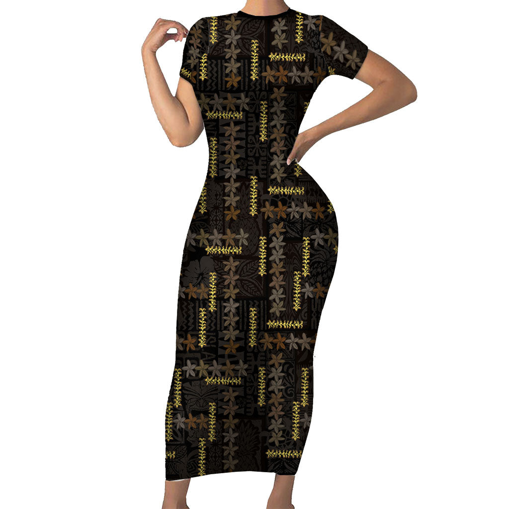 Hawaii Brown Plumeria Lei Black Family Matching Short Sleeve Bodycon Dress and Hawaiian Shirt Frangipani Floral Heritage Art LT01 Mom's Dress Black - Polynesian Pride