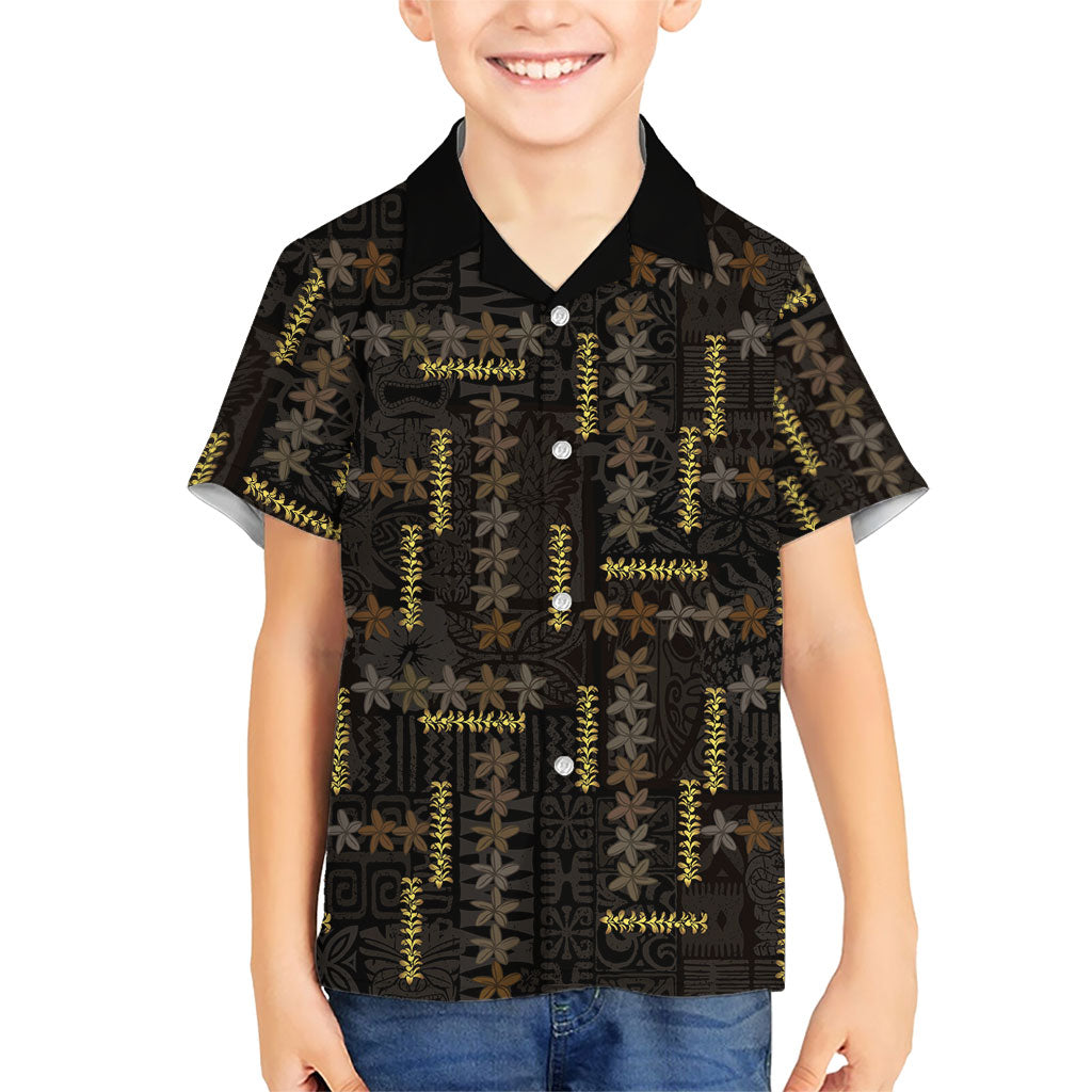 Hawaii Brown Plumeria Lei Black Hawaiian Shirt Frangipani Floral Heritage Art LT01 - Polynesian Pride