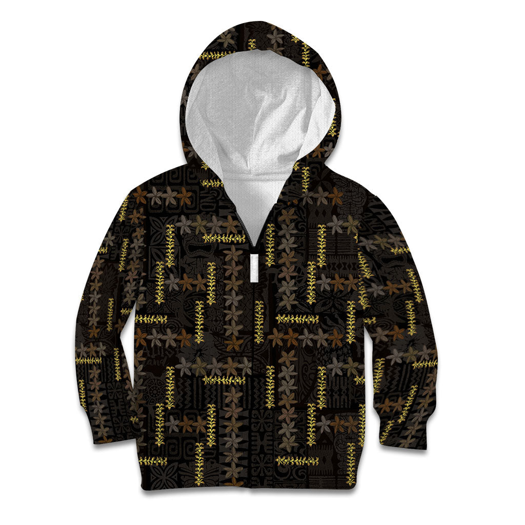 Hawaii Brown Plumeria Lei Black Kid Hoodie Frangipani Floral Heritage Art LT01 Zip Hoodie Black - Polynesian Pride