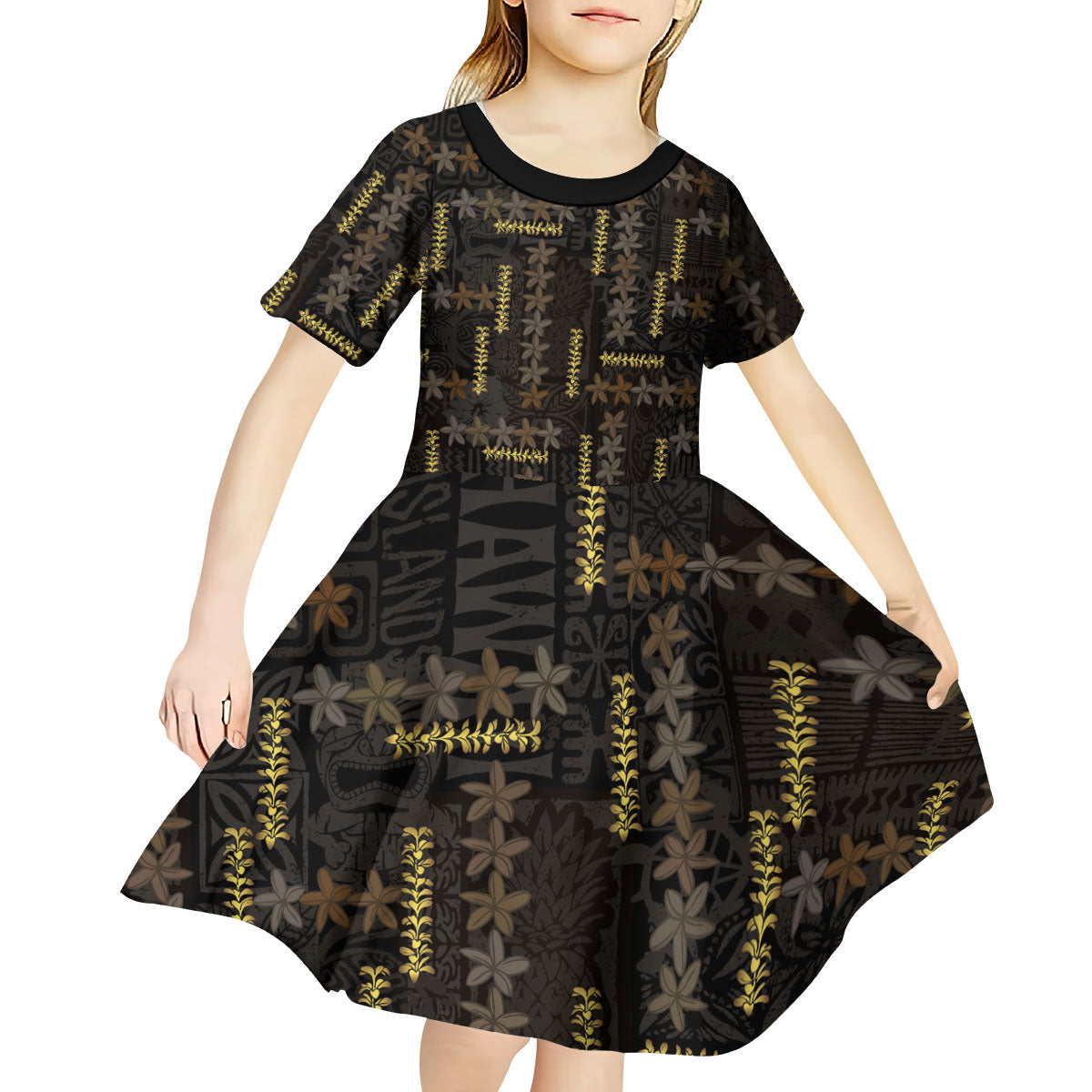 Hawaii Brown Plumeria Lei Black Kid Short Sleeve Dress Frangipani Floral Heritage Art LT01 - Polynesian Pride
