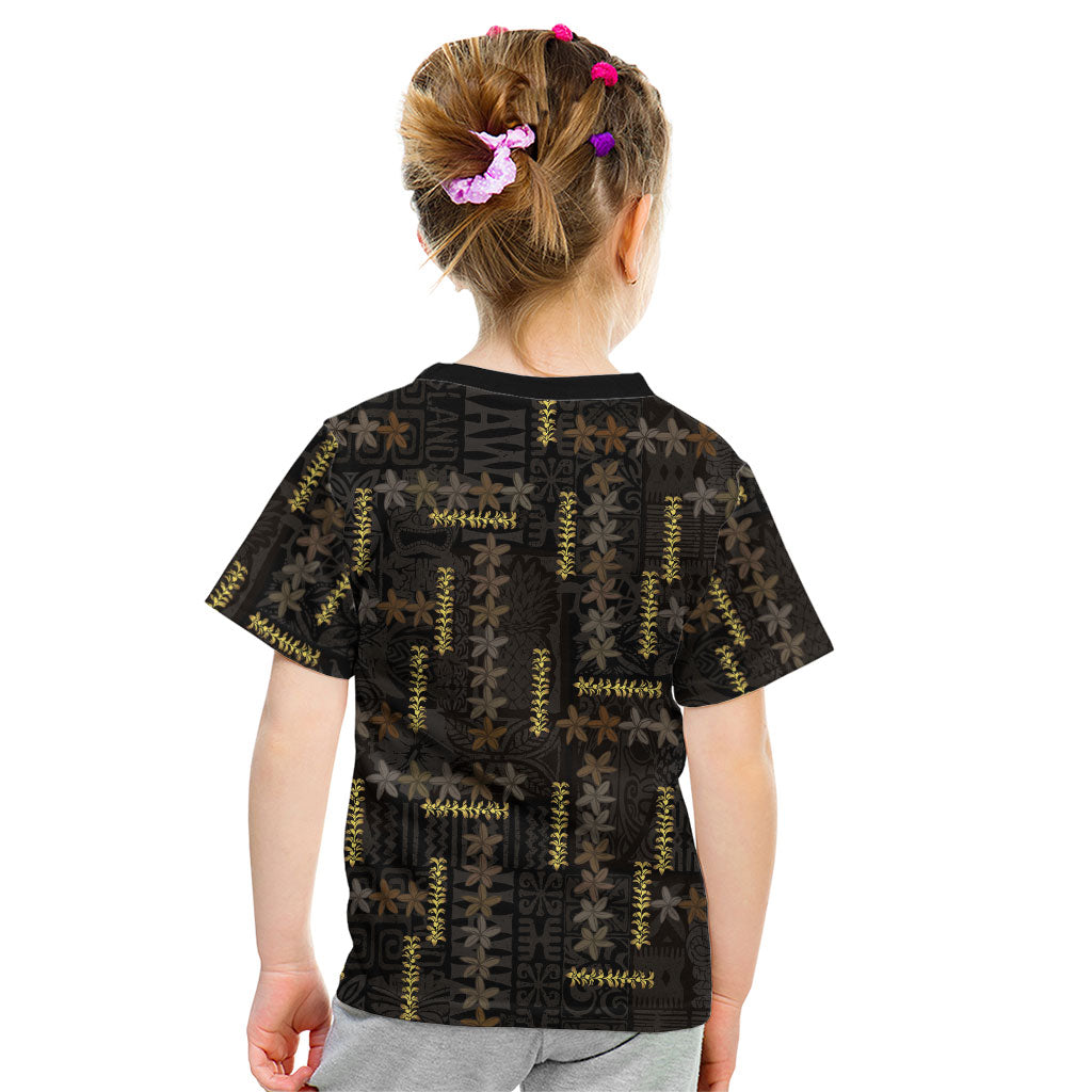 Hawaii Brown Plumeria Lei Black Kid T Shirt Frangipani Floral Heritage Art LT01 - Polynesian Pride