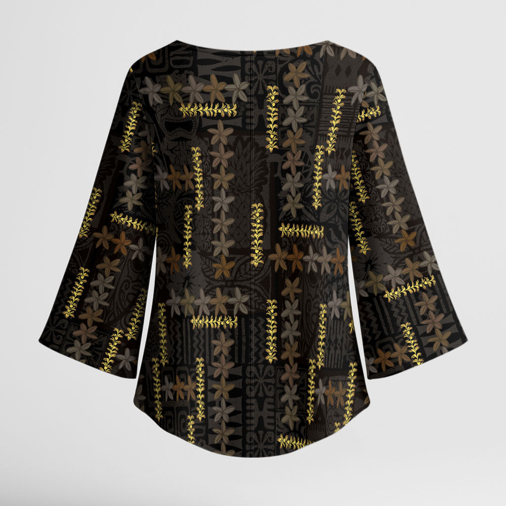 Hawaii Brown Plumeria Lei Black Kimono Sleeve Blouse Frangipani Floral Heritage Art