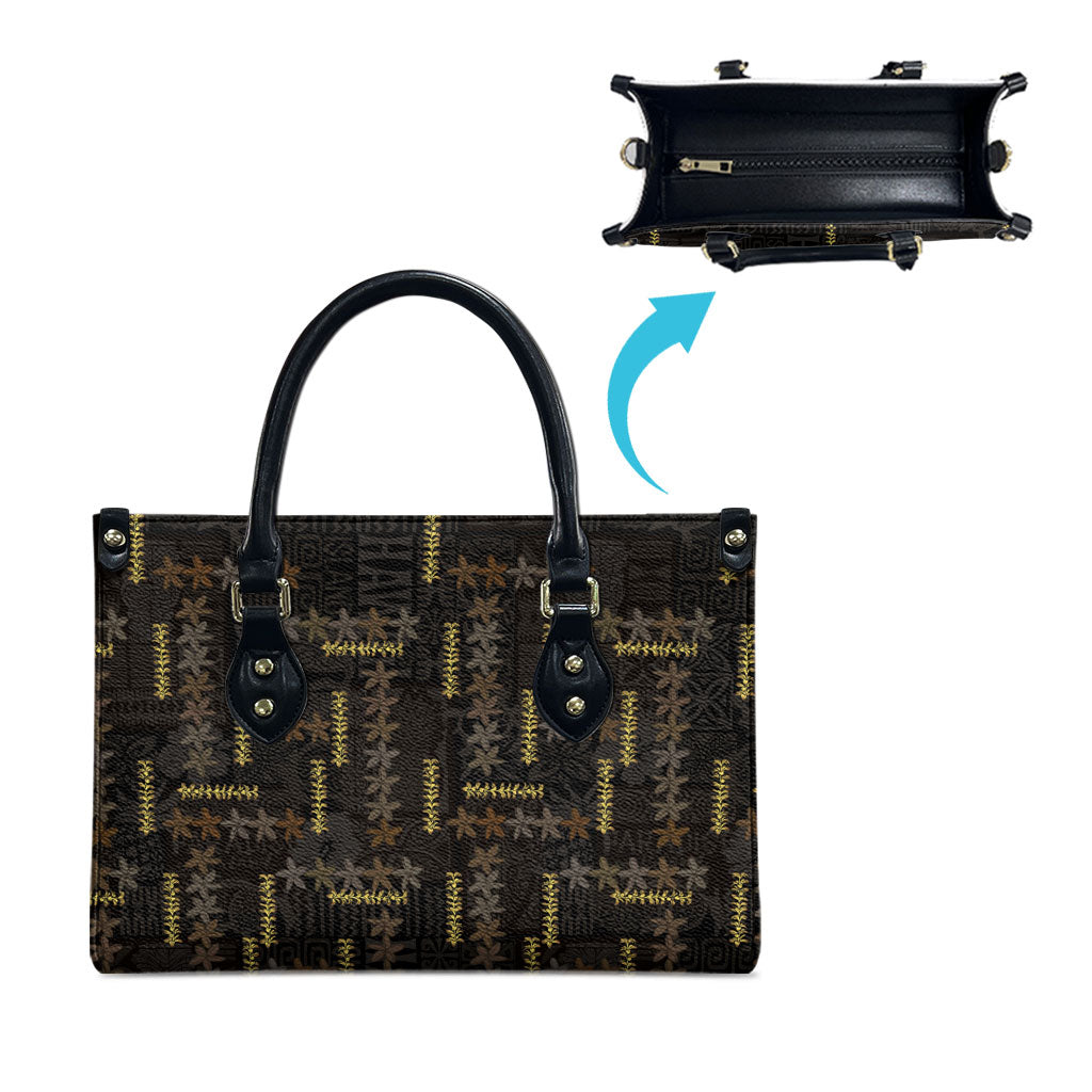 Hawaii Brown Plumeria Lei Black Leather Bag Frangipani Floral Heritage Art LT01 - Polynesian Pride