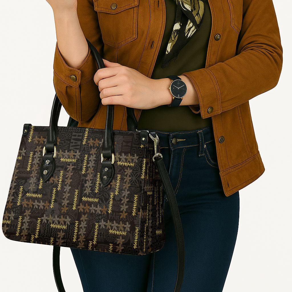Hawaii Brown Plumeria Lei Black Leather Bag Frangipani Floral Heritage Art LT01 - Polynesian Pride