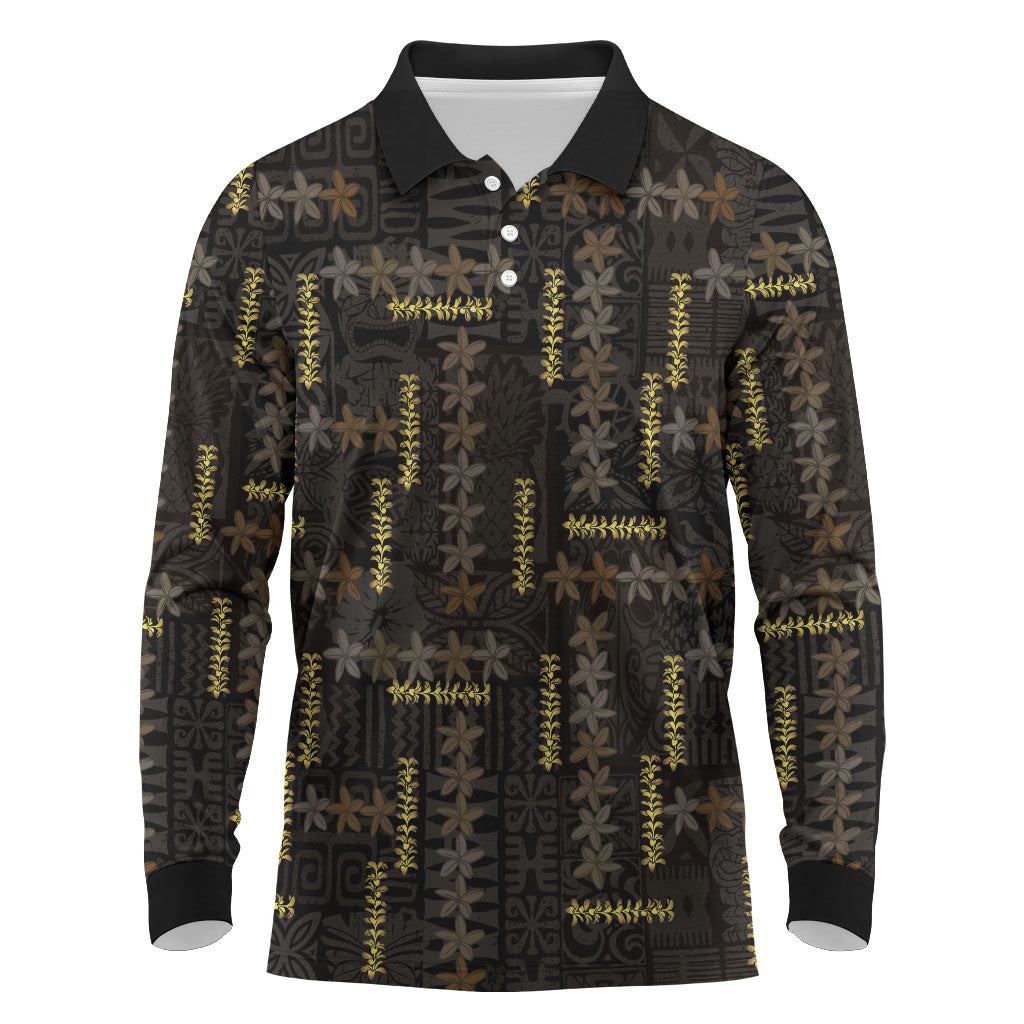Hawaii Brown Plumeria Lei Black Long Sleeve Polo Shirt Frangipani Floral Heritage Art LT01 Black - Polynesian Pride
