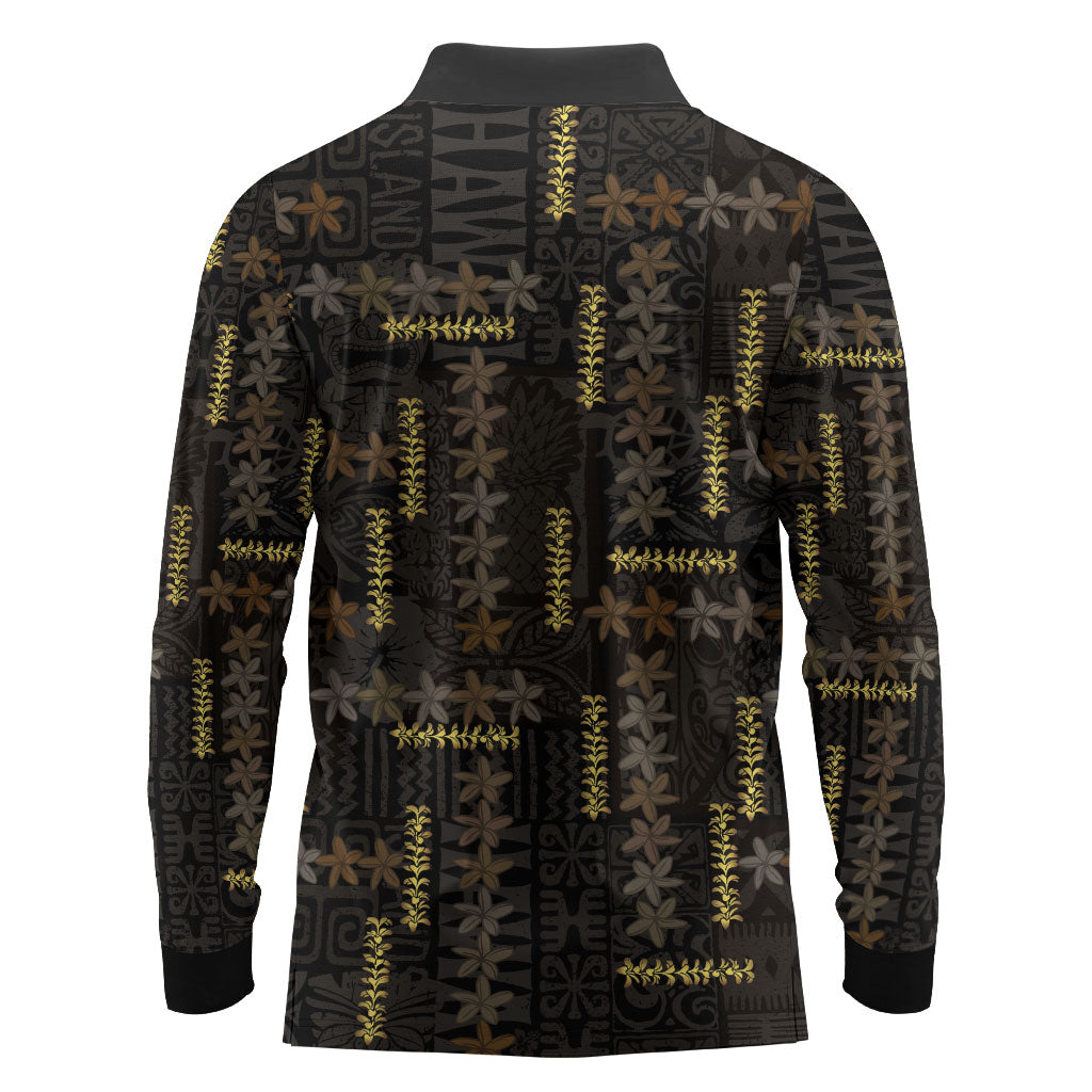 Hawaii Brown Plumeria Lei Black Long Sleeve Polo Shirt Frangipani Floral Heritage Art LT01 - Polynesian Pride