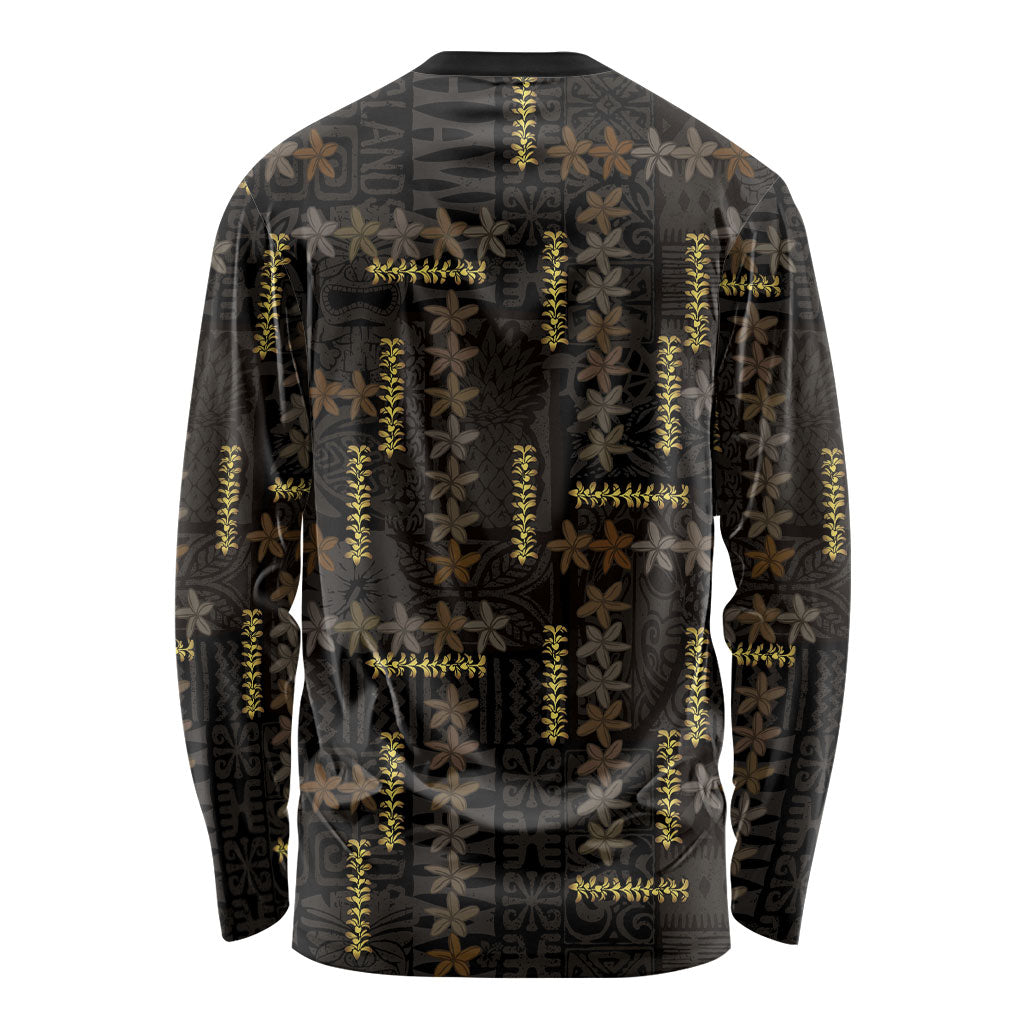 Hawaii Brown Plumeria Lei Black Long Sleeve Shirt Frangipani Floral Heritage Art