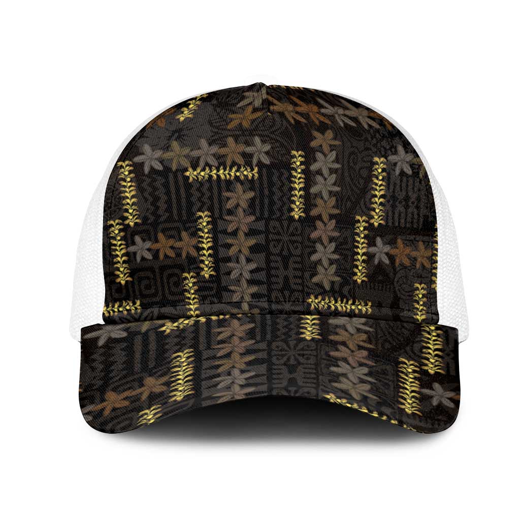 Hawaii Brown Plumeria Lei Black Mesh Trucker Cap Frangipani Floral Heritage Art