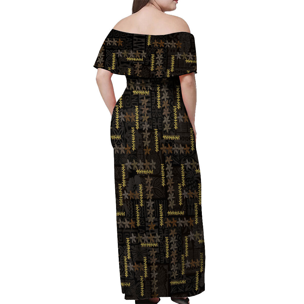 Hawaii Brown Plumeria Lei Black Off Shoulder Maxi Dress Frangipani Floral Heritage Art LT01 - Polynesian Pride