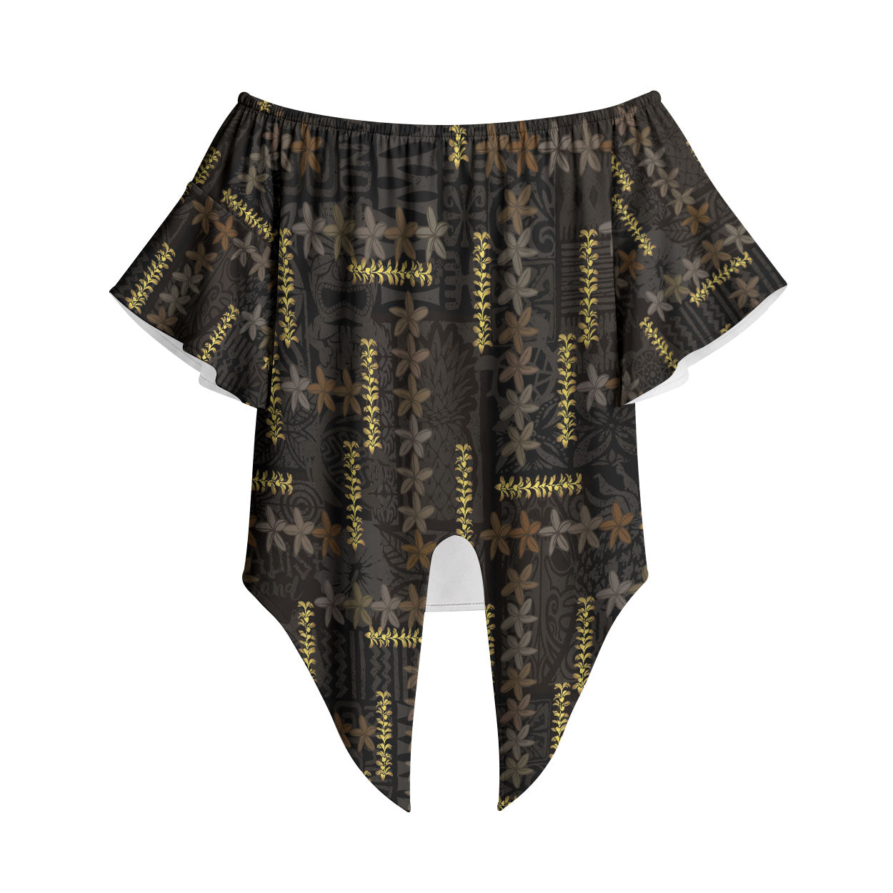 Hawaii Brown Plumeria Lei Black Off Shoulder Wrap Waist Top Frangipani Floral Heritage Art LT01 Black - Polynesian Pride