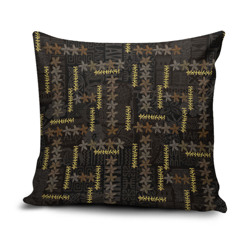 Hawaii Brown Plumeria Lei Black Pillow Cover Frangipani Floral Heritage Art