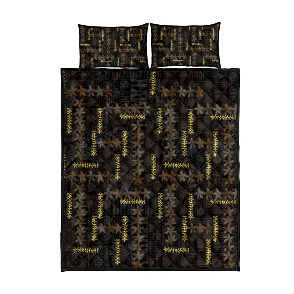 Hawaii Brown Plumeria Lei Black Quilt Bed Set Frangipani Floral Heritage Art